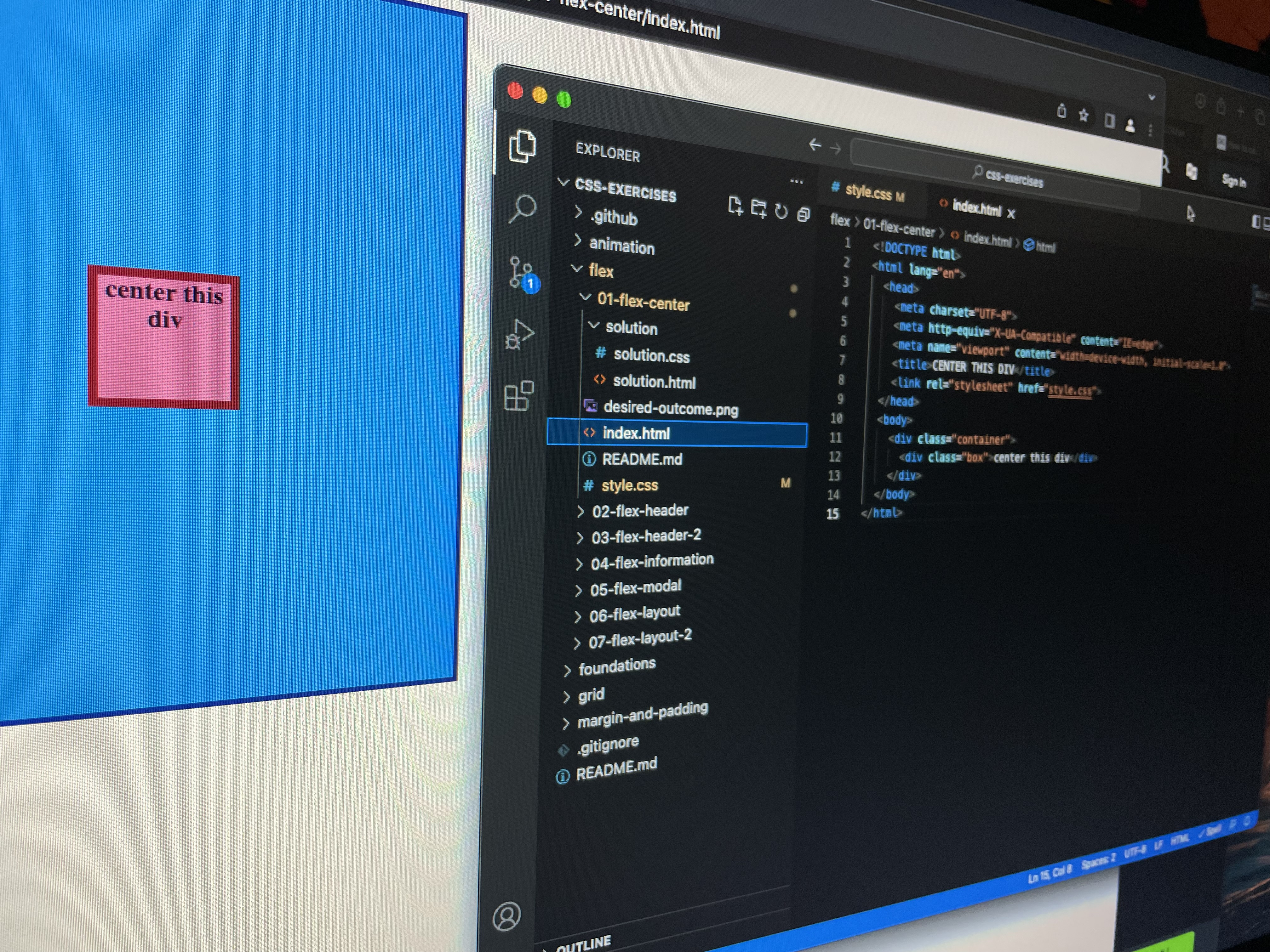 The Odin Project Center Div CSS lesson; Credit: Paco Jones