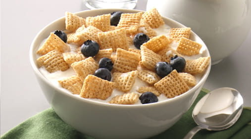 Bowl of Chex cereal ready to be eaten